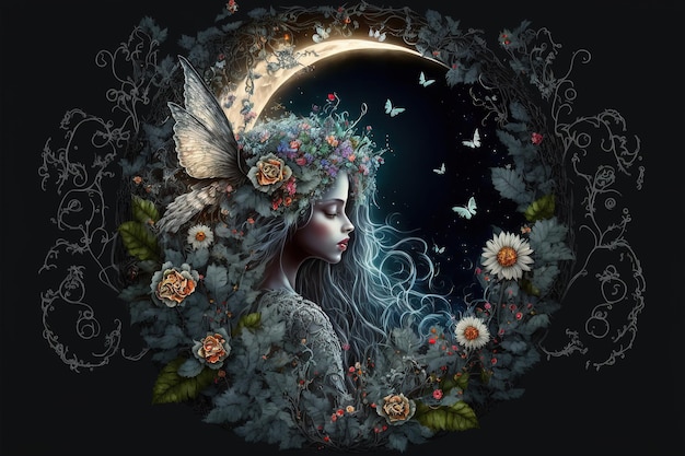 Fee mit Flügeln in einem magischen Zauberwald der Fantasie mit magischen Blumen der Schmetterlinge und riesigem Mond