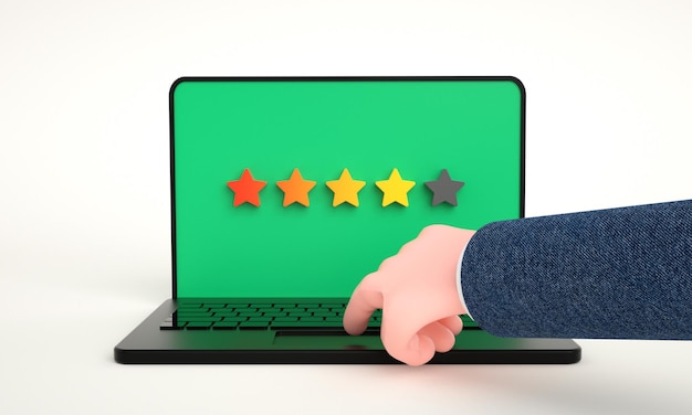 Foto feedback de revisão da mão do cliente classificação de 4 estrelas para feedback positivo no laptop