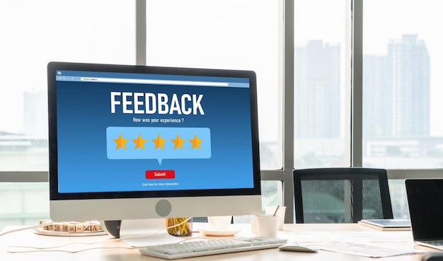 Foto feedback do cliente e análise de avaliações por software de computador moderno para negócios corporativos