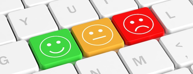 Feedback zur Bewertung Tasten mit Emoticons auf einer Computertastatur-Banner-3D-Darstellung