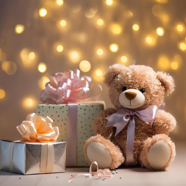 Feenlichter, Geschenke und Blumen mit einem kleinen Teddybären