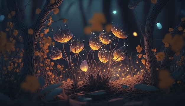 Feenwald bei Nacht Fantasie leuchtende Blumen und Lichter generative KI