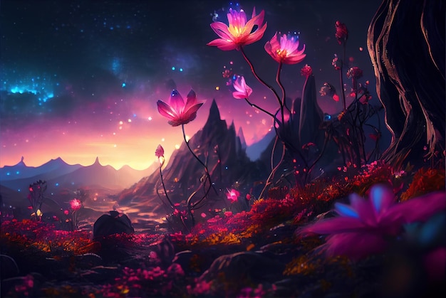 Feenwald bei Nacht Fantasie leuchtende Blumen und Lichter generative KI