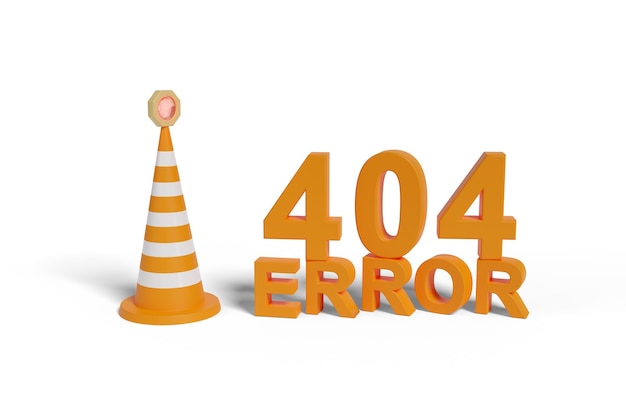 Fehler 404 Volltext neben einem Sicherheitskegel, der auf weißer Oberfläche isoliert ist. 3D-Illustration.