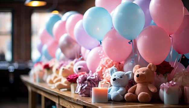 Feier der Freude niedlicher Teddybär farbenfrohe Ballons fröhliches Geschenk, erzeugt von KI