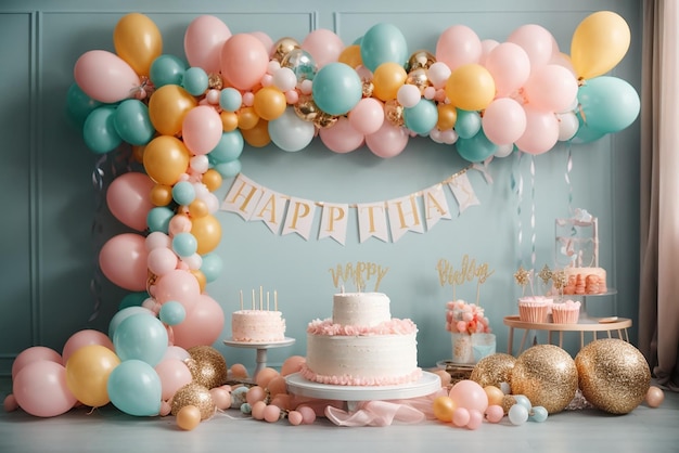 Feier-Geburtstagsfeier mit Kuchen- und Ballonillustration