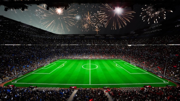 Feier im Fußballstadion, Arena, Feuerwerk, Effekte, Fans, Eröffnungsspiel, 3D-Rendering