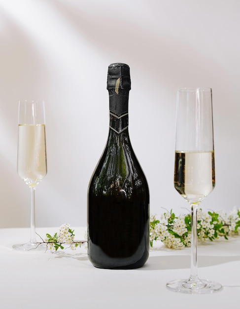 Feier mit Schaumwein und eleganten Flöten, umgeben von frischen Blumen auf einem weißen Tischtuch