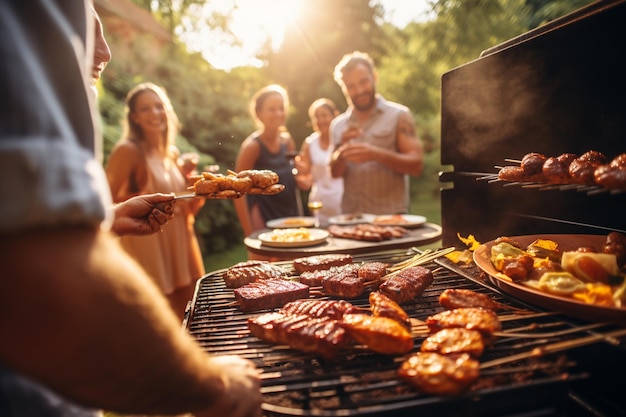 Feier zum Tag der Arbeit mit Fleisch auf der Barbecue Generative AI