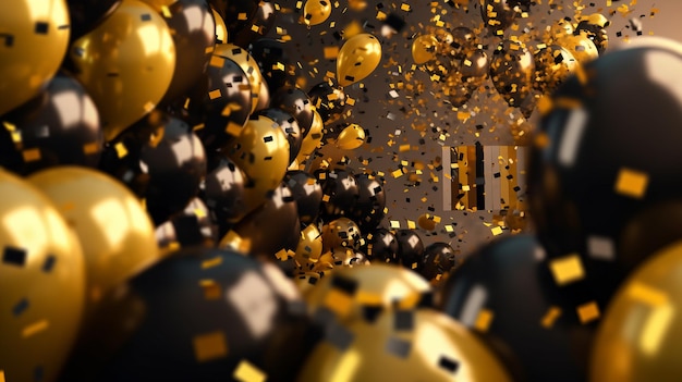 Feierbanner mit goldenen Konfetti und Ballons Glücklicher Geburtstag Konzept Generative KI