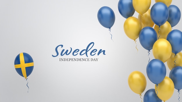 Feierbanner mit Luftballons in den Farben der schwedischen Flagge.