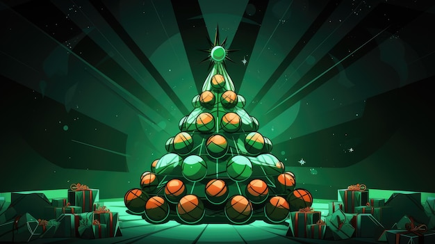 Feierlich mit Spielzeug und einer Girlande geschmückt ein Weihnachtsbaum Postkarte für das neue Jahr Generative KI