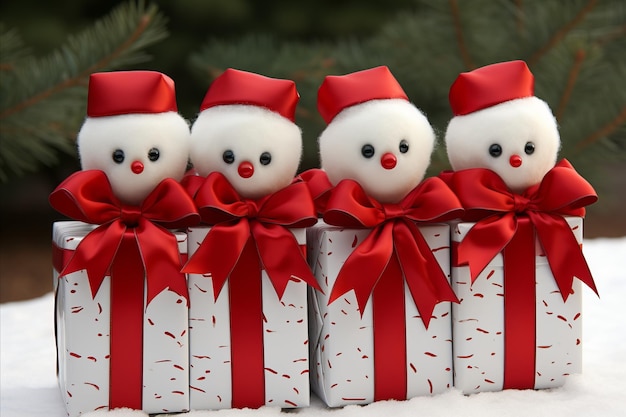 Foto feierlich verpackte weihnachtsgeschenke in form von entzückenden schneemännchen mit entzückenden roten bogen