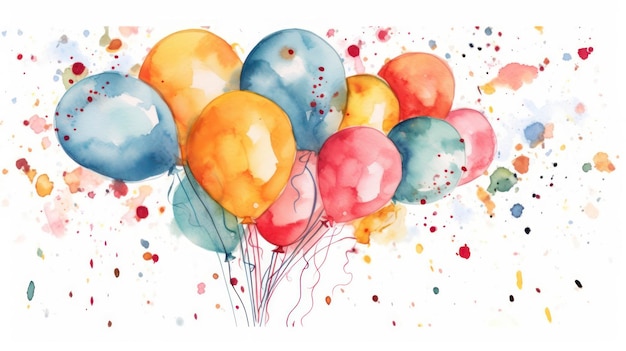 Feierliche Aquarellkarte mit Ballon und Konfetti, generative KI