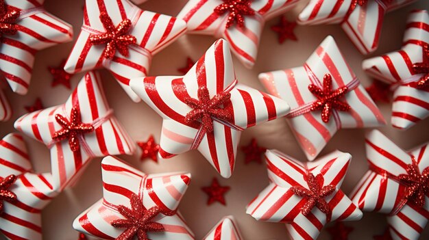 Feierliche Candy Cane Streifen auf verpackten Weihnachtsgeschenken Weihnachtenstern Frohe Weihnachte