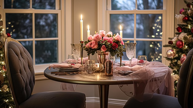 Feierliche Date-Nacht-Tische Landschaftsidee Abendessen Tischgestaltung für zwei und Weihnachten Neujahr Valentinstag Dekor Englisch Landhaus Styling