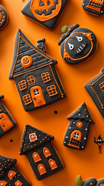 Foto feierliche halloween-pfefferkuchen in gruseligen formen auf einem orangefarbenen hintergrund