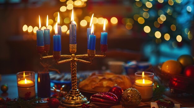 Foto feierliche hanukkah-kerzen mit hellen lichtern und warmer feieratmosphäre