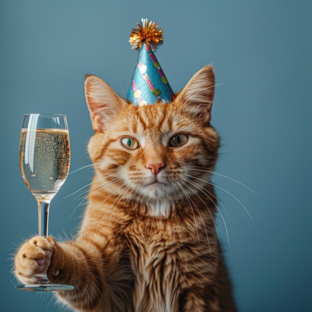 Foto feierliche katze mit champagnerglas und partyhut