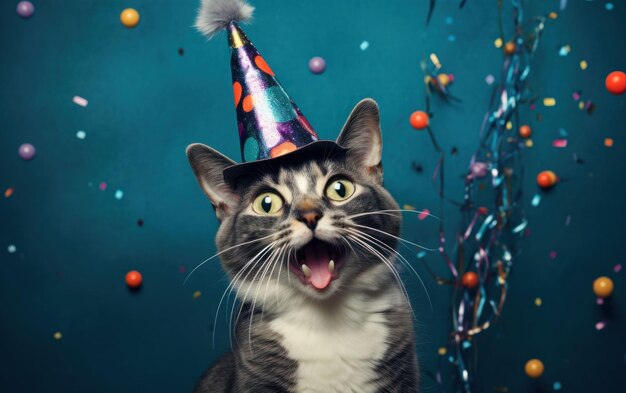 Foto feierliche katze mit einem attraktiven partyhut
