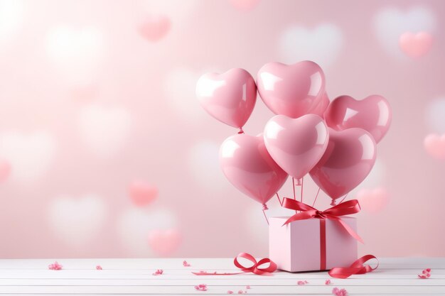 Feierliche Komposition einer rosa Geschenkkiste mit Band und herzförmigen Ballons auf rosa Studio-Hintergrund Valentinstag 14. Februar Feierkonzept Mockup mit Kopierraum