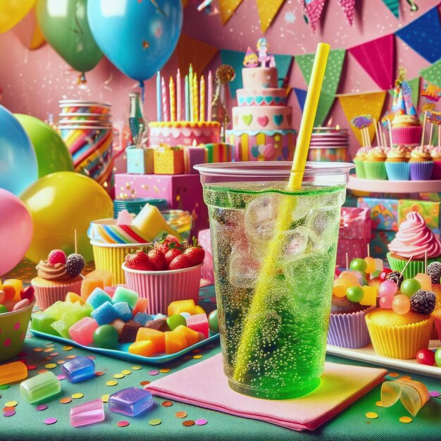 Feierliche Party schmutzige Soda mit farbenfrohem Geburtstagshintergrund