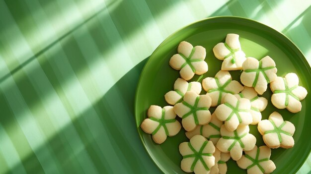 Feierliche Shamrock-Kekse auf grüner Platte zur Feier des St. Patrick's Day