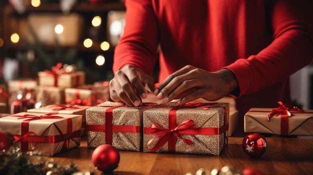 Feierliche Weihnachtsfeier Vorbereitung von Kisten mit roten Bändern zu Hause