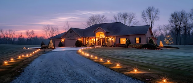 Feierliche Weihnachtslichter schmücken ein geräumiges Ranch-Stil-Haus mit Kerzen auf dem Dachboden, Fenstern und breiter Fahrbahn.