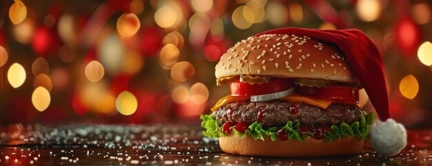 Feierlicher amerikanischer Hamburger mit Weihnachtsmannshut auf dem Tisch