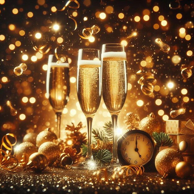 Feierlicher Hintergrund mit Champagnergläsern und goldenen Bokeh-Lichtern