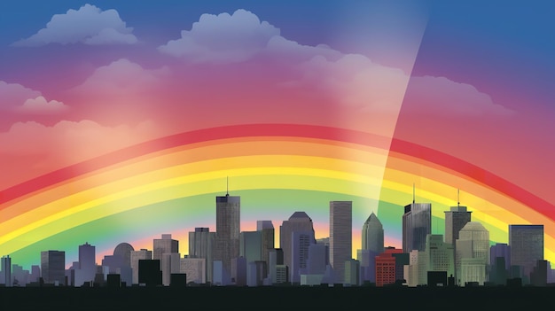 Feierlicher Regenbogen über einer Skyline der Stadt