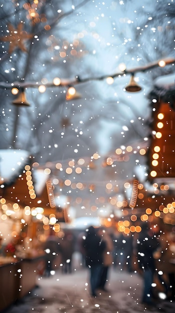 Feierlicher Urlaubsmarkt Schneeflocken warme Lichter fröhliche Atmosphäre