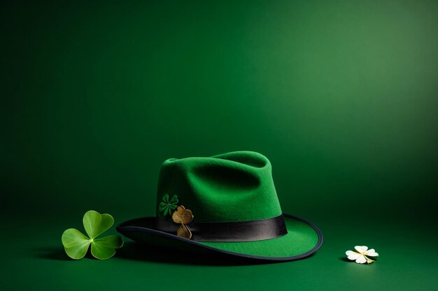 Feiern des St. Patrick's Day mit einem Hauch von Glück grüner Hut Shamrocks und Münzen auf einem Holztisch Hochwertiges Foto