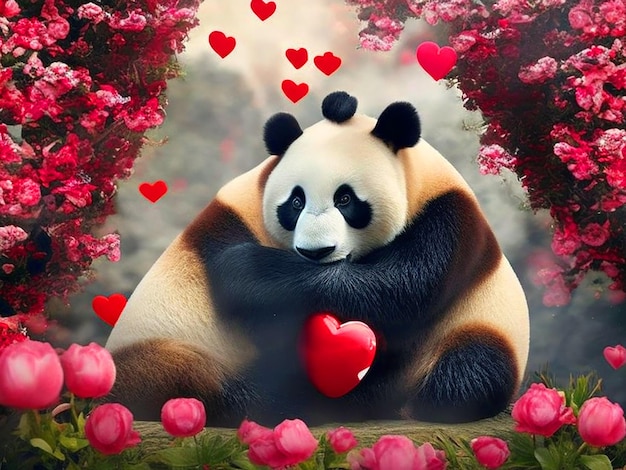 Foto feiern des tages der niedlichen liebenden panda am valentinstag kostenloses bild herunterladen