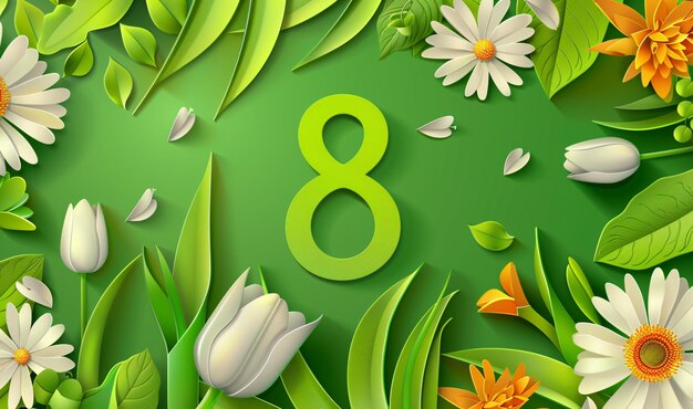 Feiern Sie den Internationalen Frauentag mit einem charmanten Papercut-Design aus Tulpen, Gänseblümchen und Laub mit der Zahl 8 geeignet für Web-Banners, Flyer, Karten und Einladungen