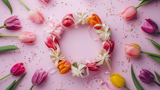 Feiern Sie den Internationalen Frauentag mit einem Vogelblick auf weiße kreisförmige Anordnungen von lebendigen Tulpen, begleitet von Geschenken, die in Satinband gewickelt und Konfetti gegen einen weichen rosa Hintergrund gesetzt sind