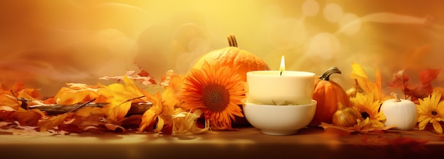 Feiern Sie die Dankbarkeit mit einem festlichen Thanksgiving-Banner, geschmückt mit Kürbissen und Herbstblättern. Eine Zeit des Segens
