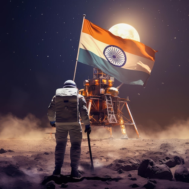 Feiern Sie die Landung des indischen Rovers ISRO chandrayaan3 auf dem Mond mit wehender indischer Flagge