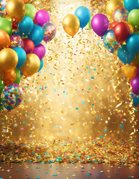 Feierndes Hintergrund mit bunten Ballons, Konfetti und goldenen Bändern ai generativ