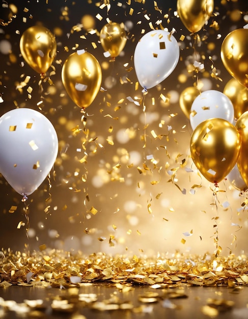Feierndes Hintergrund mit bunten Ballons, Konfetti und goldenen Bändern ai generativ