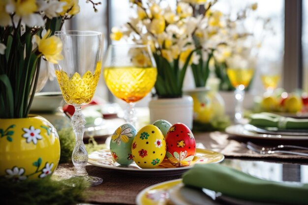 Foto feierstisch mit ostereiern und frühlingsblumen