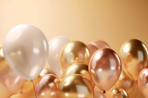 Feiertage Geburtstagsfeier Hochzeit Dekorationskonzept Goldene metallische Heliumballons auf hellem Hintergrund Goldene Ballons für den Hintergrund, der die Grußkarte AI-generiertes Bild feiert