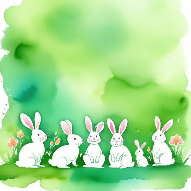 Feiertagsbanner mit niedlichen Oster-Eiern, süßen Osterhäschen, Illustration von Osterkaninchen-Eieren auf grünem Hintergrund, glückliche Oster-Grüßkarte, Banner mit festlichem Hintergrund.