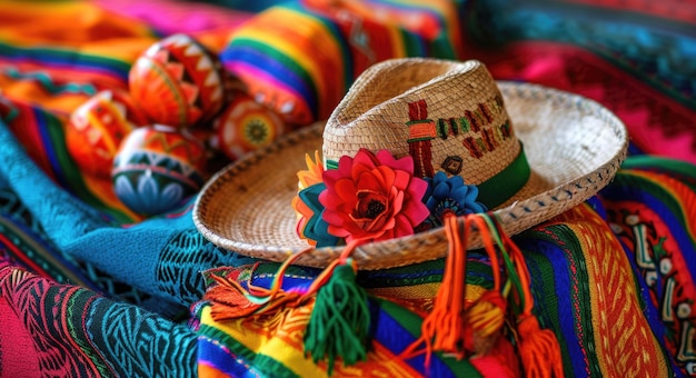 Feiertagsdekorationen Traditionelle mexikanische Feier mit farbenfrohen Sombreros und festlichen Maracas