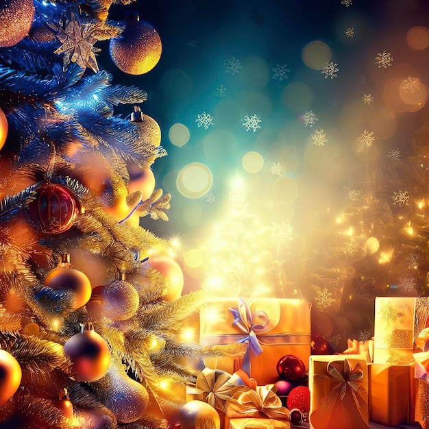 Feiertagshintergrund mit belichteten Weihnachtsbaumgeschenken und -dekoration
