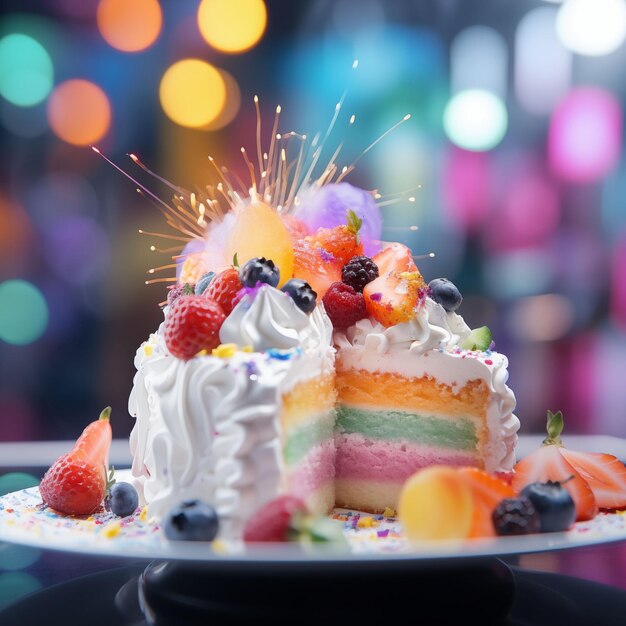 Feiertagskuchen mit Kerzen auf verschwommenem Feiertagshintergrund Leuchtende Farben
