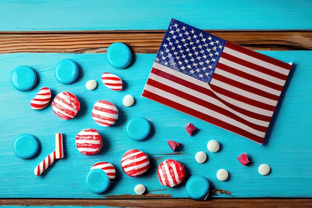 Feiertagskuchen und usa-Flagge auf Holztisch während des Unabhängigkeitstags Happy Labor Day Generative Ai