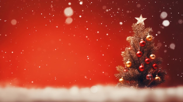 Feiertagsthema-Weihnachtsgrußkarte mit funkelnden Bokeh-Lichtern des Weihnachtsbaums auf roter Leinwand