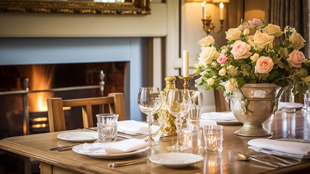 Feiertagstischdekoration festliche Tischlandschaft im Esszimmer Kerzen und Blumen Dekoration für formelles Familienessen im englischen Landhaus Landstücksdesign